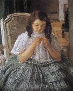 Mary Cassatt The girl is sewing in green dress Sweden oil painting reproduction